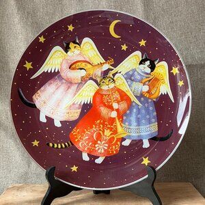 Vintage Pilgrim Glass Three Angel Cats 13" Glass Plate with Original Box